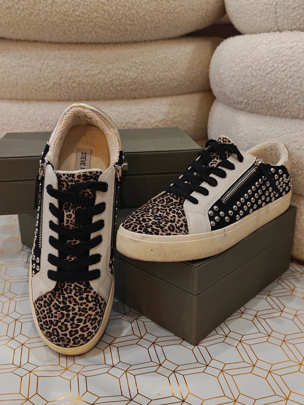 Steve Madden Leopard-Accent Low-Top Sneakers in Beige and Black